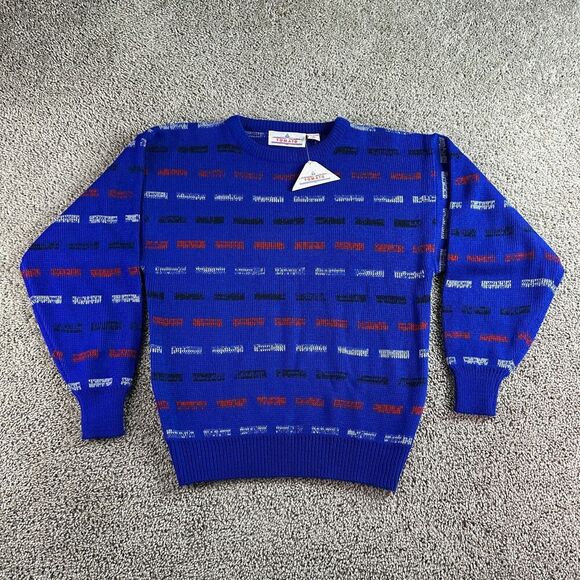 VINTAGE Tomato Sweater Mens Large Blue White Chalk Stripe Acrylic Crewneck 90s - Picture 1 of 9